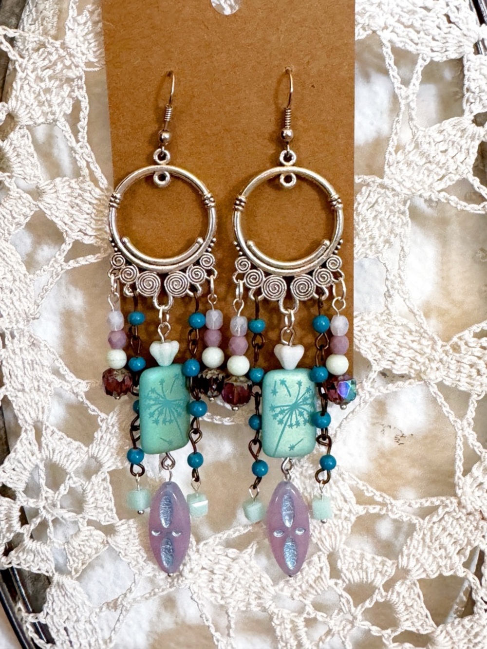 Boho Turquoise and Lavender Beaded Dangle Earrings - Women Jewelry